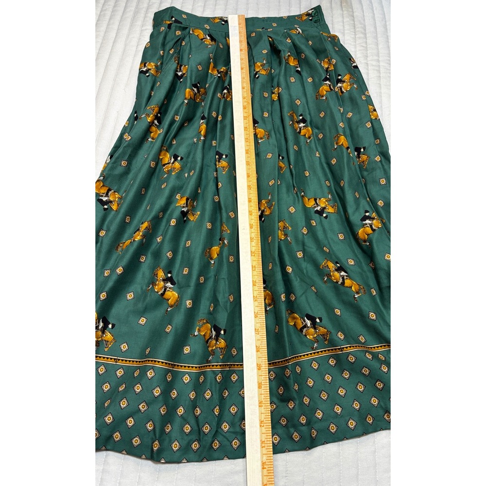 VTG 90s Chaus Green Equestrian Horse Print Pleated Midi Skirt Made in Japan EUC - Picture 9 of 10